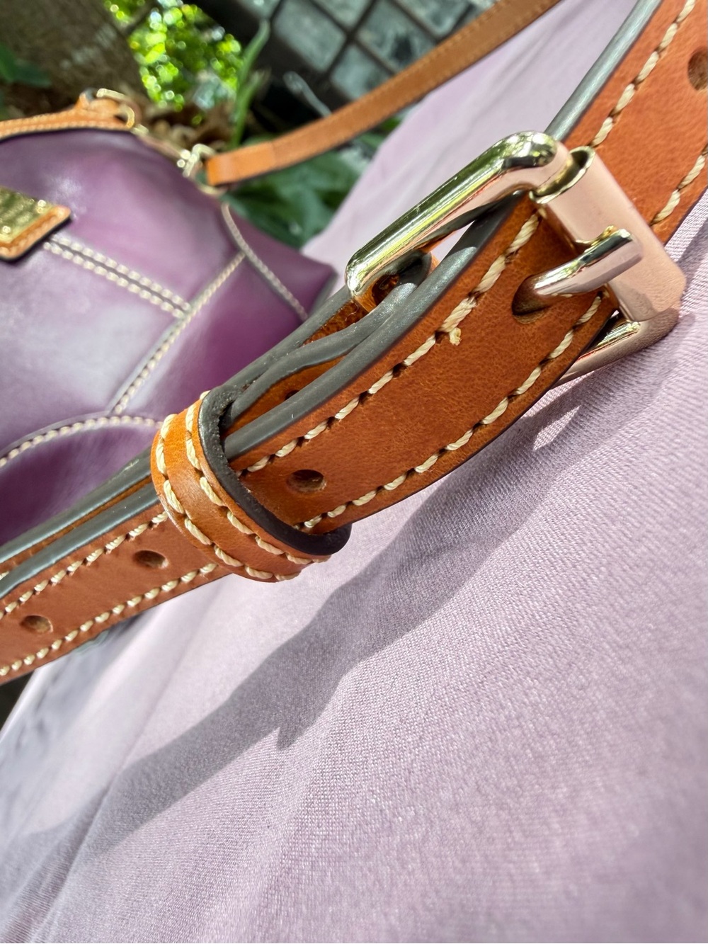 Dooney & Bourke Plum Leather Domed Crossbody with Vachetta Trim and Strap - Picture 5 of 12